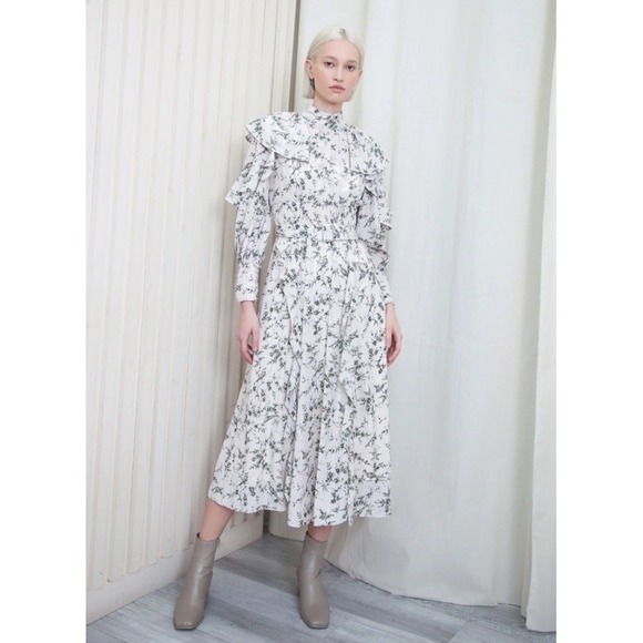 Snidel Frill Printed Floral Dress Size 0 Small Womens Modest Midi Birds Timeless